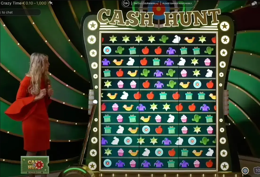 Бонусная игра Cash Hunt в Crazy Time с интерактивной стрельбой по призам